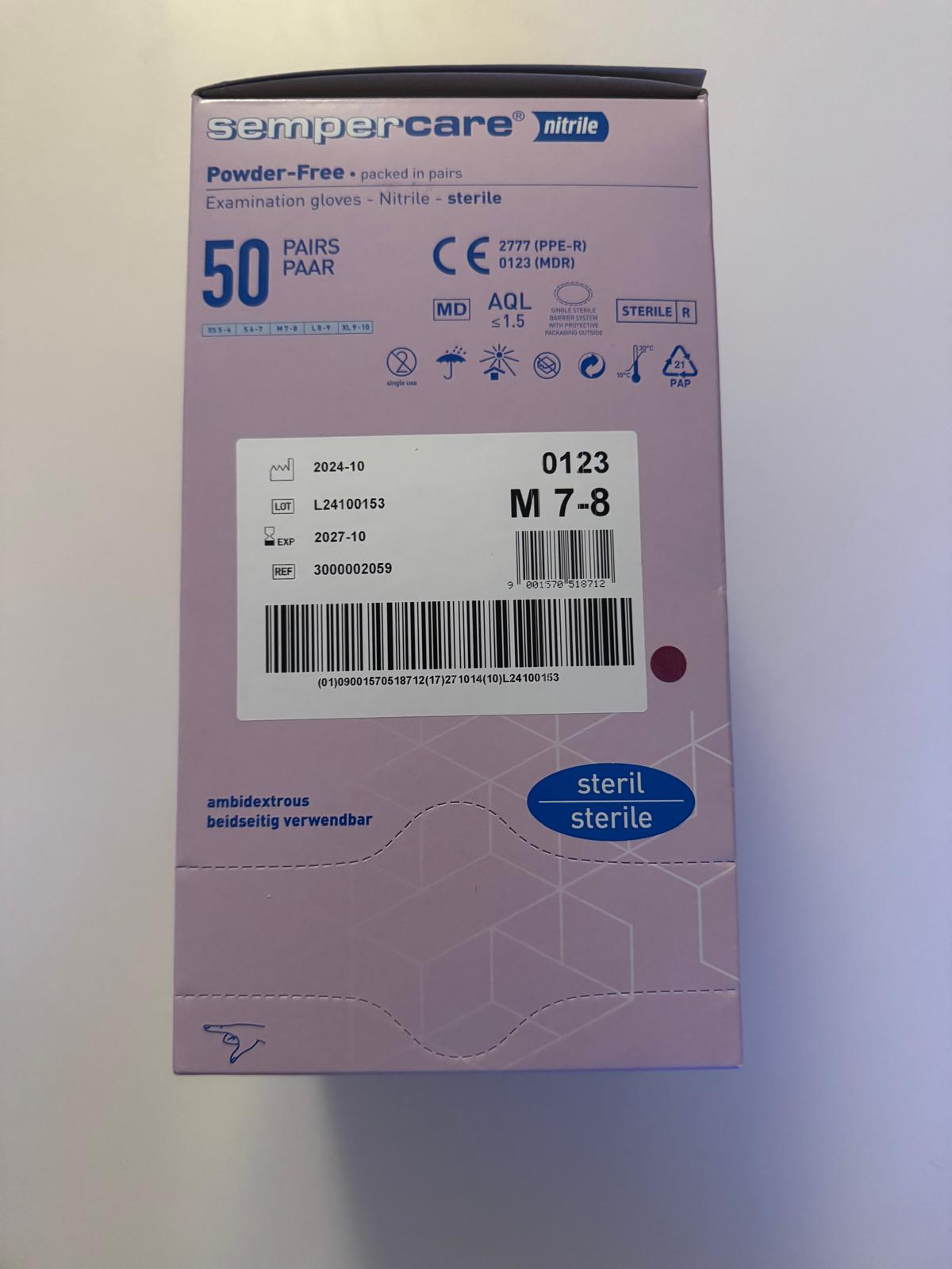 Nitrile Sempercare Steriel P/Vrij M 7-8 50 Pairs