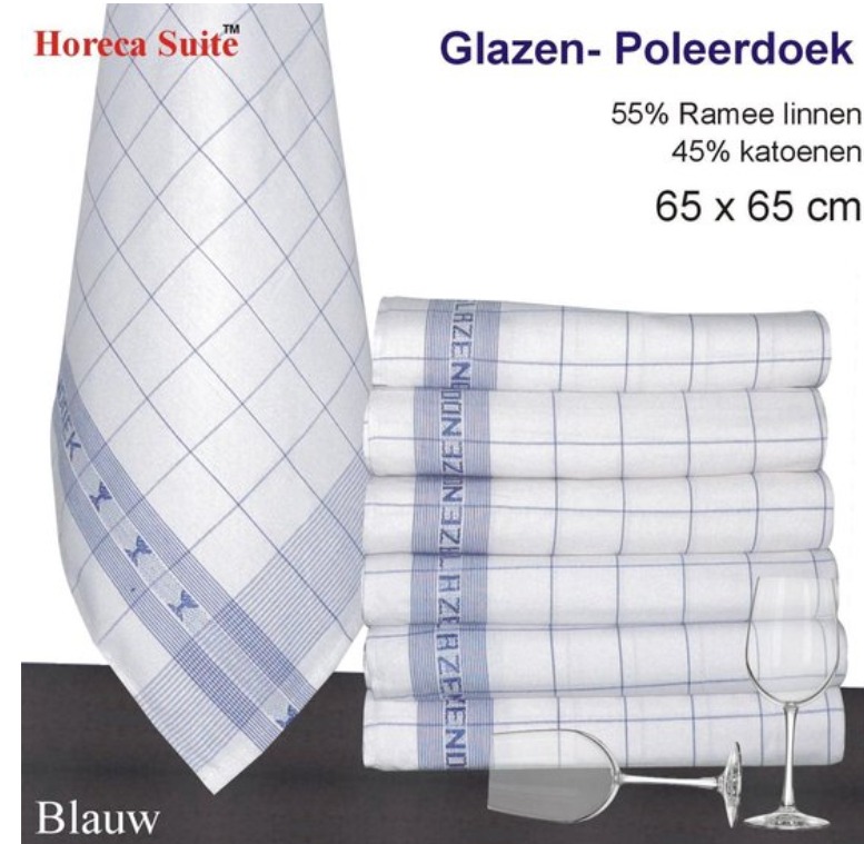 Glazendoek 50% Ramee Linnen 50% katoen blauw ruite 65x65 cm 6 Stuks JA