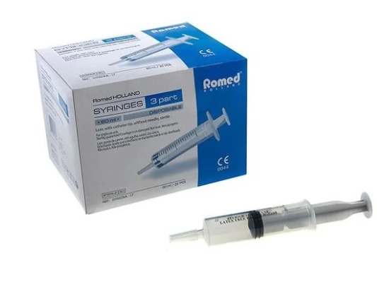 Romed 3-delige injectiespuiten 60ml lange tip zonder naald 16x25 Stuks